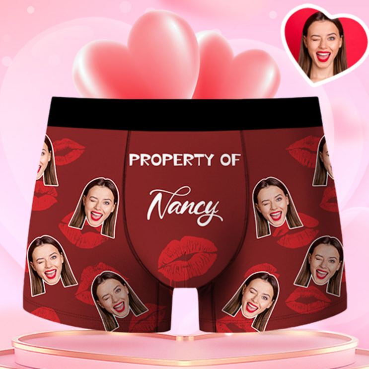 Personalized Girlfriend Wife Face Boxer Brief Red Lips Print Property of Her Men Underwear with Photo Valentines Day Gift for Boyfriend Husband