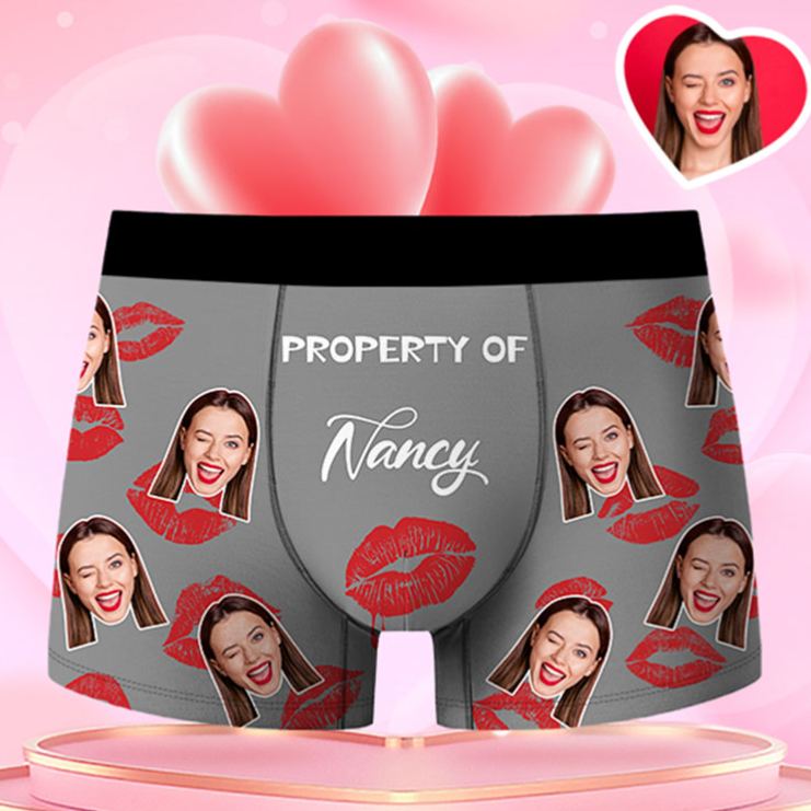 Personalized Girlfriend Wife Face Boxer Brief Red Lips Print Property of Her Men Underwear with Photo Valentines Day Gift for Boyfriend Husband