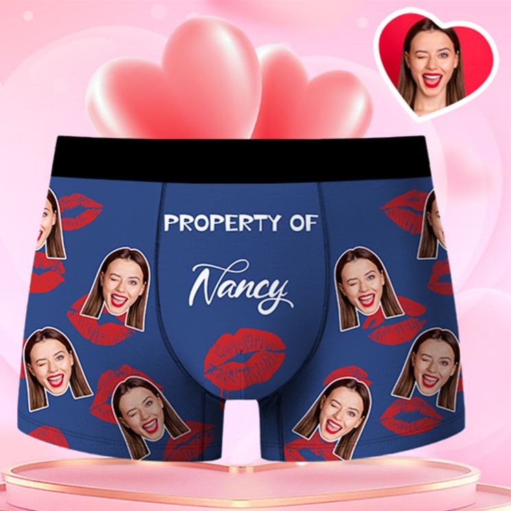 Personalized Girlfriend Wife Face Boxer Brief Red Lips Print Property of Her Men Underwear with Photo Valentines Day Gift for Boyfriend Husband