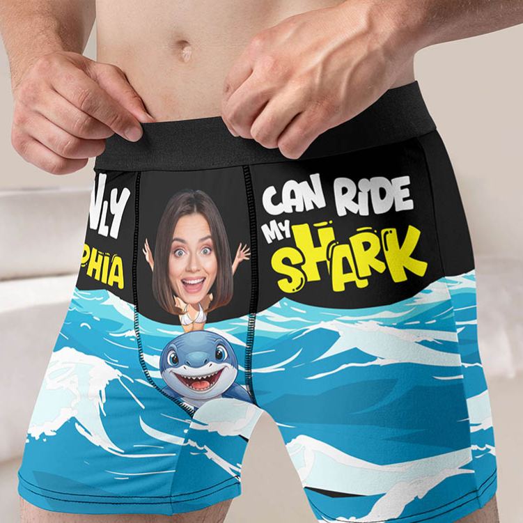Personalized Girlfriend Wife Face Boxer Brief Men Only Her Can Ride My Shark Underwear with Woman Face Photo Valentines Day Gift for Boyfriend Husband