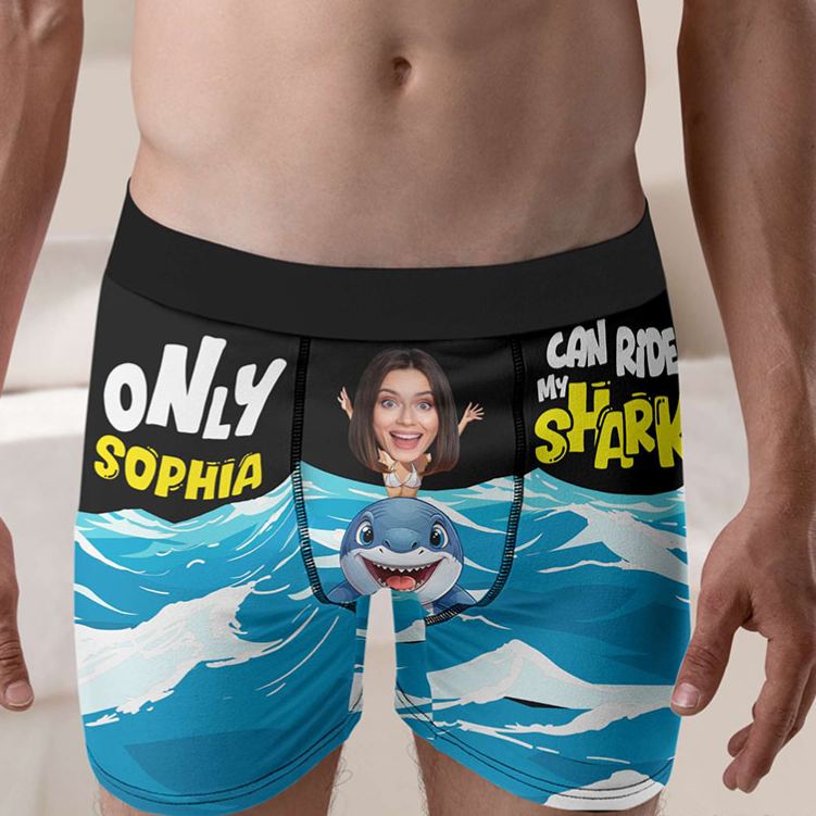 Personalized Girlfriend Wife Face Boxer Brief Men Only Her Can Ride My Shark Underwear with Woman Face Photo Valentines Day Gift for Boyfriend Husband