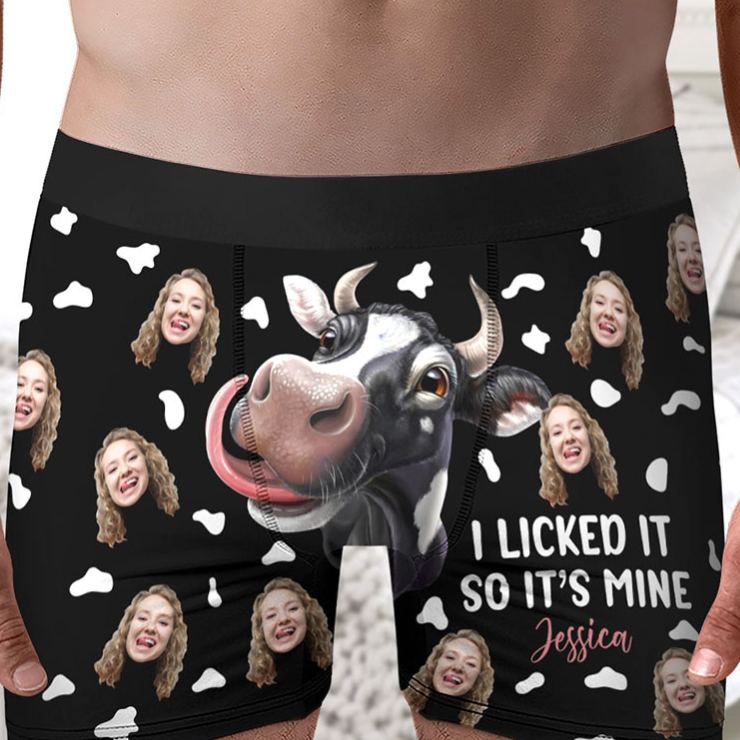 Personalized Girlfriend Wife Face I Licked It So It’s Mine Boxer Briefs Men Cow Underwear with Face Photo Valentines Day Gift for Boyfriend Husband