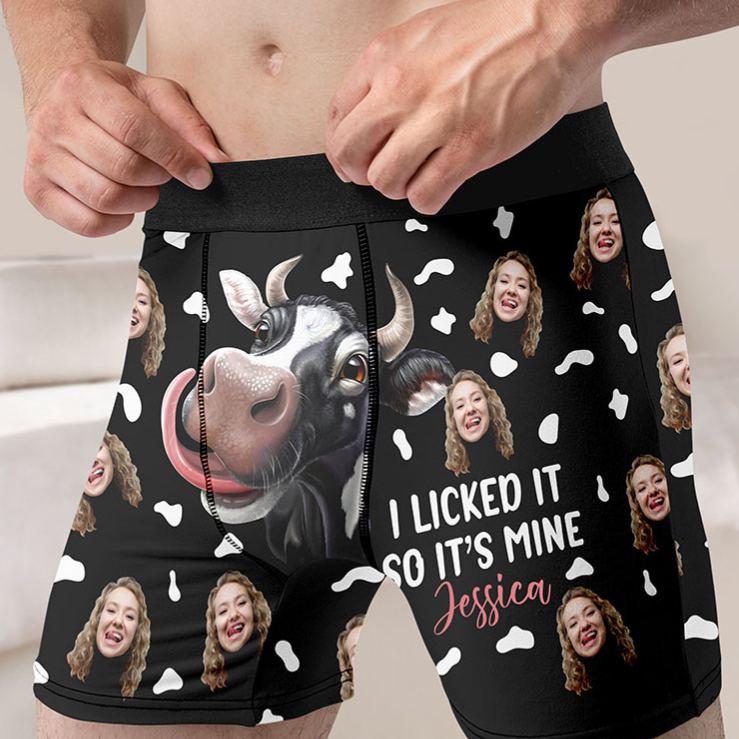 Personalized Girlfriend Wife Face I Licked It So It’s Mine Boxer Briefs Men Cow Underwear with Face Photo Valentines Day Gift for Boyfriend Husband