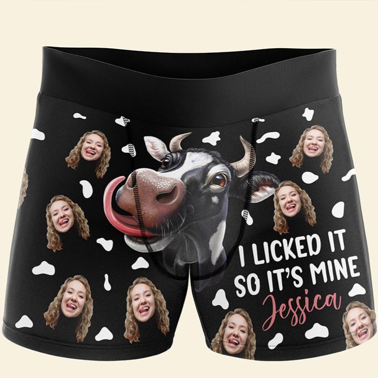 Personalized Girlfriend Wife Face I Licked It So It’s Mine Boxer Briefs Men Cow Underwear with Face Photo Valentines Day Gift for Boyfriend Husband