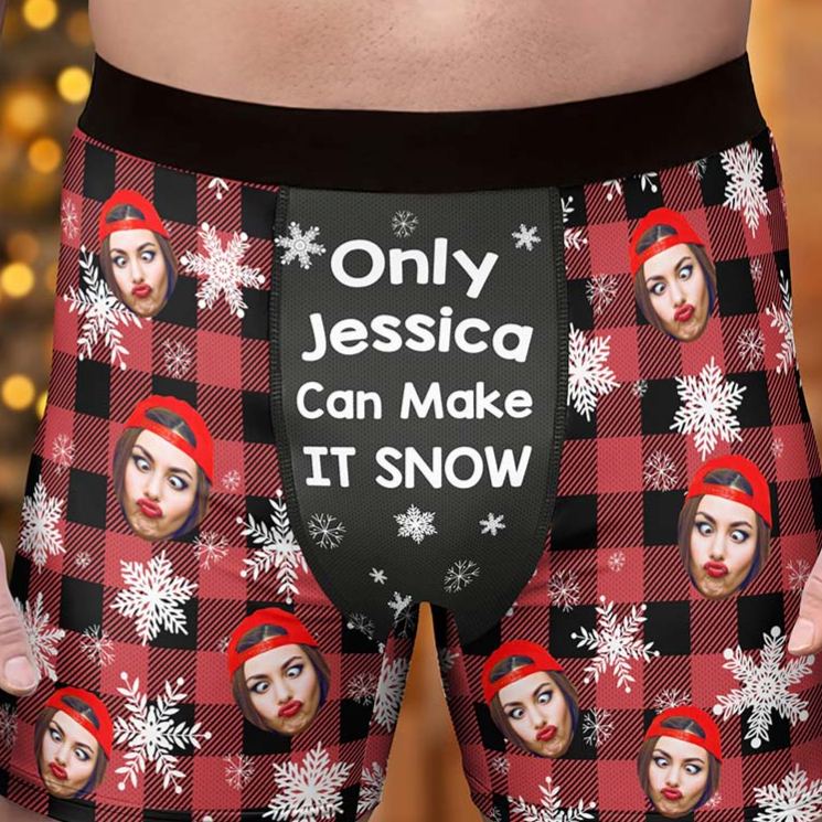 Personalized Girlfriend Wife Face Only Her Can Make It Snow Christmas Boxer Briefs Men Underwear with Face Photo Xmas Gift for Him Boyfriend Husband