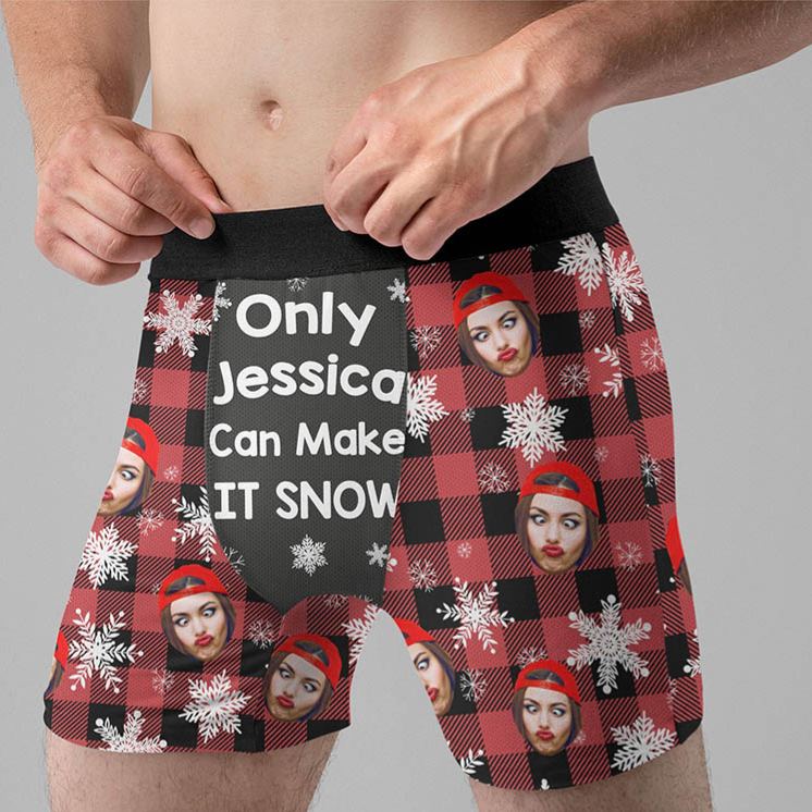 Personalized Girlfriend Wife Face Only Her Can Make It Snow Christmas Boxer Briefs Men Underwear with Face Photo Xmas Gift for Him Boyfriend Husband