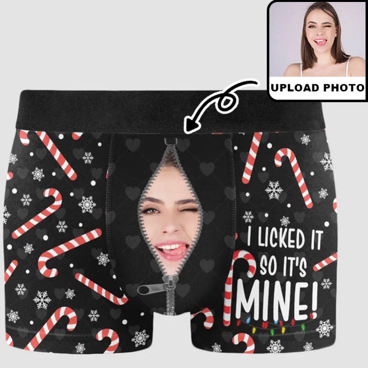 Personalized Girlfriend Wife Face I Licked It So It's Mine Christmas Boxer Briefs Men Underwear with Face Photo Xmas Gift for Him Boyfriend Husband