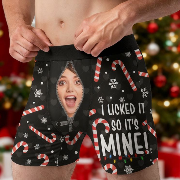 Personalized Girlfriend Wife Face I Licked It So It's Mine Christmas Boxer Briefs Men Underwear with Face Photo Xmas Gift for Him Boyfriend Husband