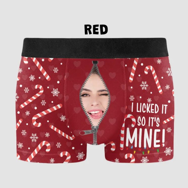 Personalized Girlfriend Wife Face I Licked It So It's Mine Christmas Boxer Briefs Men Underwear with Face Photo Xmas Gift for Him Boyfriend Husband