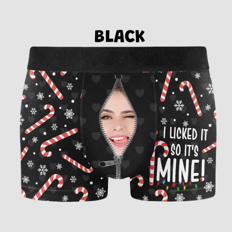 Personalized Girlfriend Wife Face I Licked It So It's Mine Christmas Boxer Briefs Men Underwear with Face Photo Xmas Gift for Him Boyfriend Husband