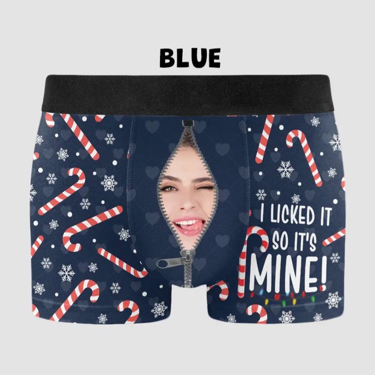 Personalized Girlfriend Wife Face I Licked It So It's Mine Christmas Boxer Briefs Men Underwear with Face Photo Xmas Gift for Him Boyfriend Husband