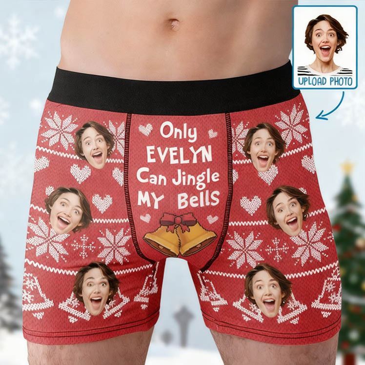 Personalized Girlfriend Wife Face Photo Boxer Briefs Men Ugly Sweater Design Christmas Underwear Only Her Can Jingle My Bells Boyfriend Husband Gift
