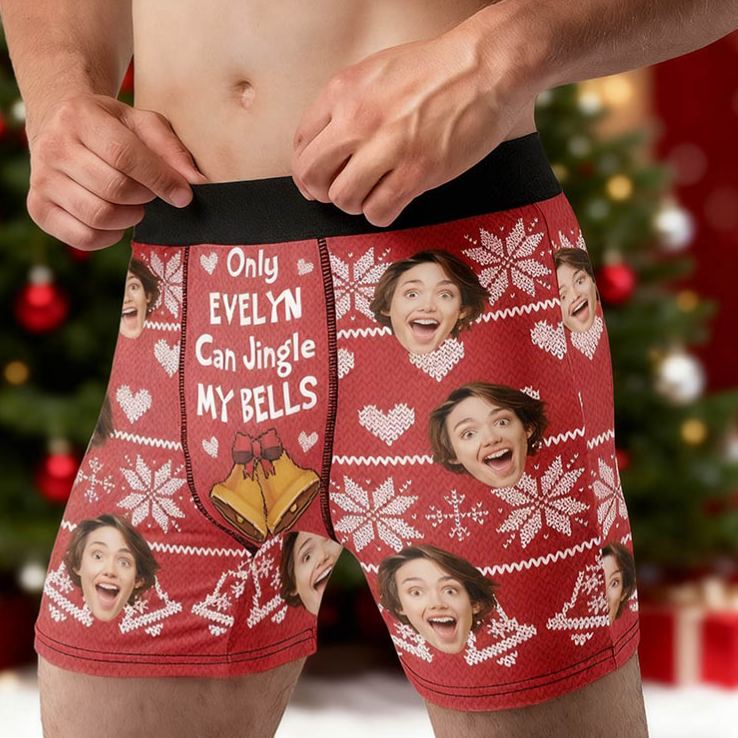 Personalized Girlfriend Wife Face Photo Boxer Briefs Men Ugly Sweater Design Christmas Underwear Only Her Can Jingle My Bells Boyfriend Husband Gift