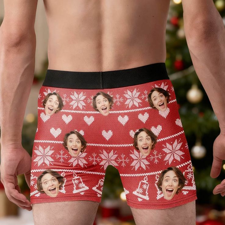 Personalized Girlfriend Wife Face Photo Boxer Briefs Men Ugly Sweater Design Christmas Underwear Only Her Can Jingle My Bells Boyfriend Husband Gift