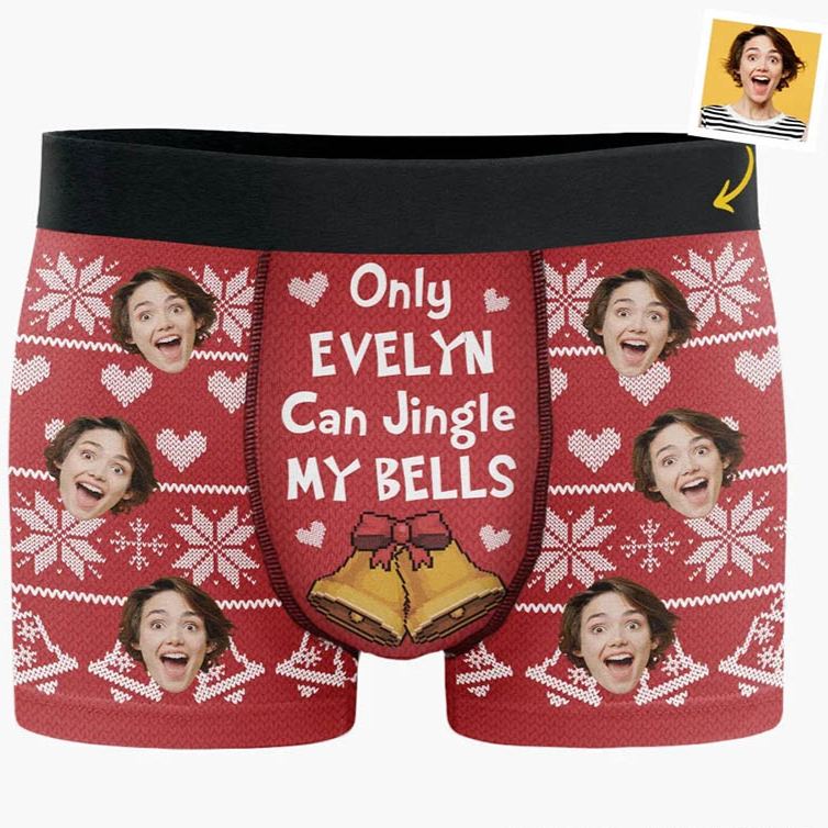Personalized Girlfriend Wife Face Photo Boxer Briefs Men Ugly Sweater Design Christmas Underwear Only Her Can Jingle My Bells Boyfriend Husband Gift