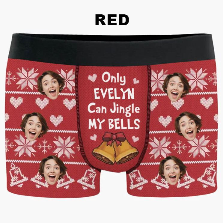 Personalized Girlfriend Wife Face Photo Boxer Briefs Men Ugly Sweater Design Christmas Underwear Only Her Can Jingle My Bells Boyfriend Husband Gift