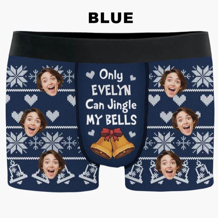 Personalized Girlfriend Wife Face Photo Boxer Briefs Men Ugly Sweater Design Christmas Underwear Only Her Can Jingle My Bells Boyfriend Husband Gift