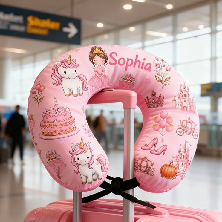 Personalized Princess Crown Custom Name Soft Travel Gift Fairytale Style Cozy Airplane Comfort Pink Magic Dream Cute U-Shaped Pillow