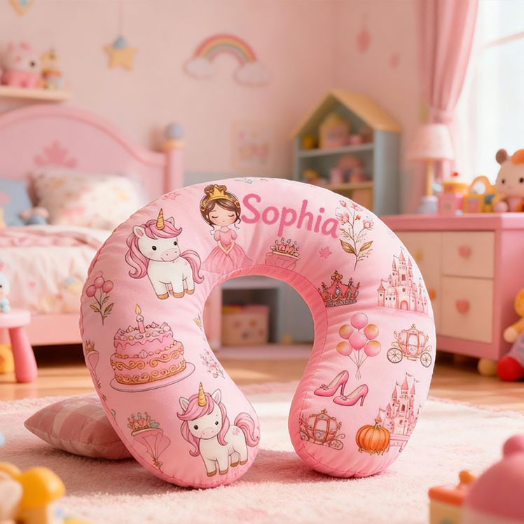 Personalized Princess Crown Custom Name Soft Travel Gift Fairytale Style Cozy Airplane Comfort Pink Magic Dream Cute U-Shaped Pillow