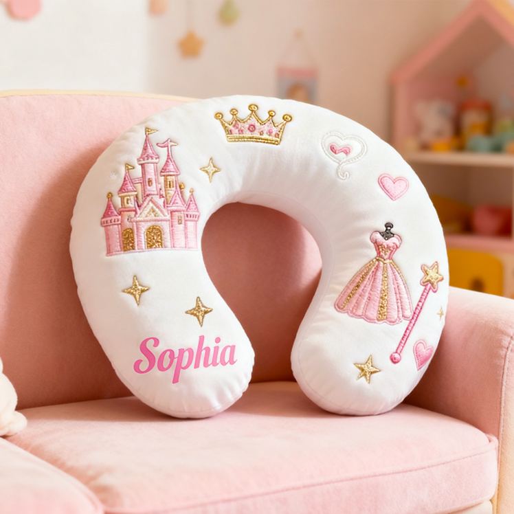 Personalized Princess Castle Crown Custom Name Soft Decorative Gift Fairytale Style Cozy Nursery Room Dream Pink Magic Comfort U-Shaped Pillow