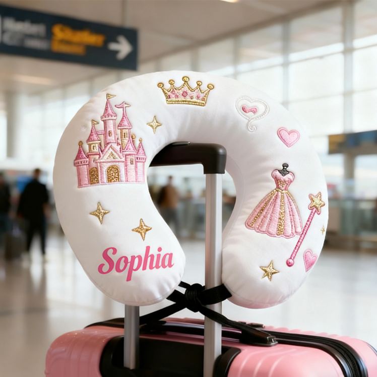 Personalized Princess Castle Crown Custom Name Soft Decorative Gift Fairytale Style Cozy Nursery Room Dream Pink Magic Comfort U-Shaped Pillow