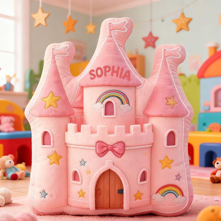 Personalized Pink Rainbow Castle Shape Custom Name Soft Decorative Gift Fairytale Princess Style Cozy Playroom Dream Star Graphic 3D Print Pillow