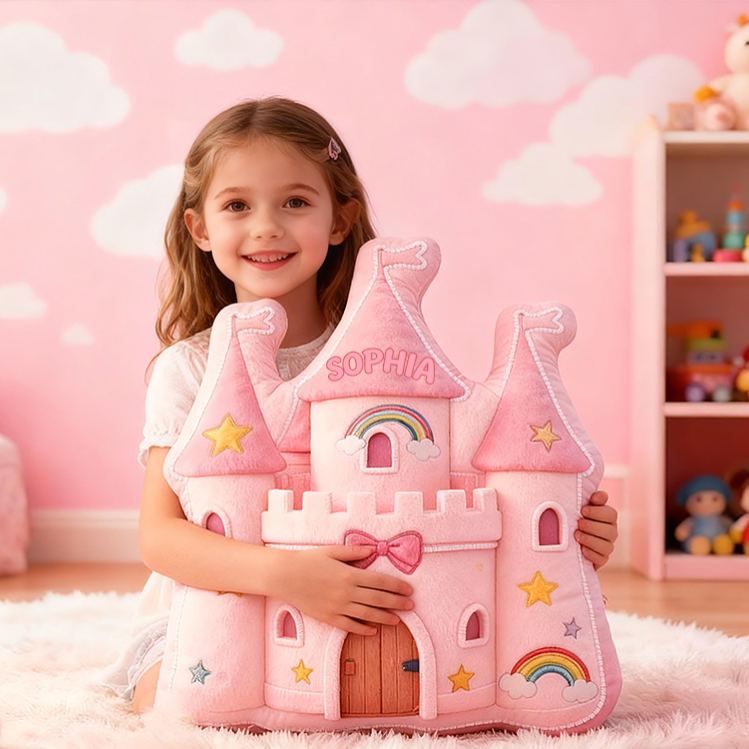 Personalized Pink Rainbow Castle Shape Custom Name Soft Decorative Gift Fairytale Princess Style Cozy Playroom Dream Star Graphic 3D Print Pillow