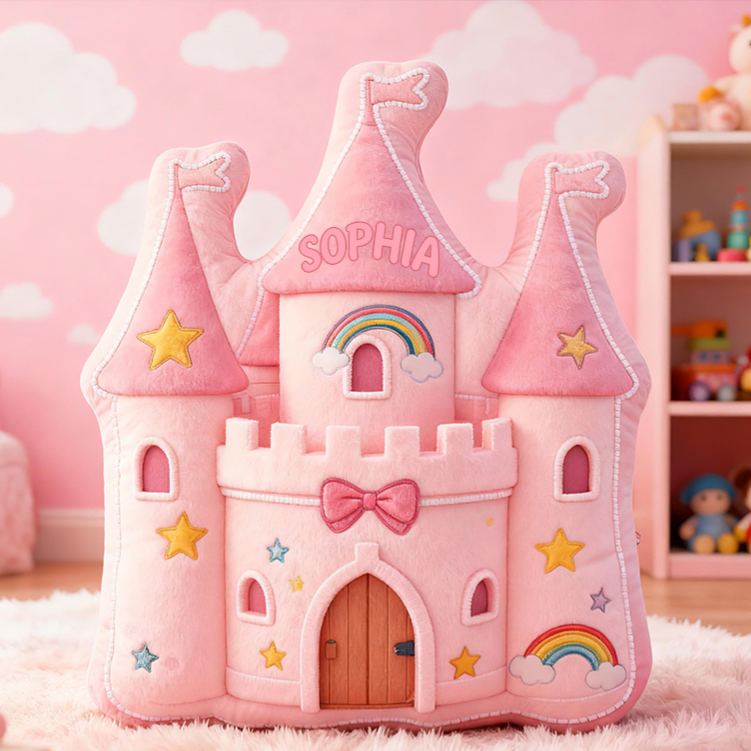 Personalized Pink Rainbow Castle Shape Custom Name Soft Decorative Gift Fairytale Princess Style Cozy Playroom Dream Star Graphic 3D Print Pillow