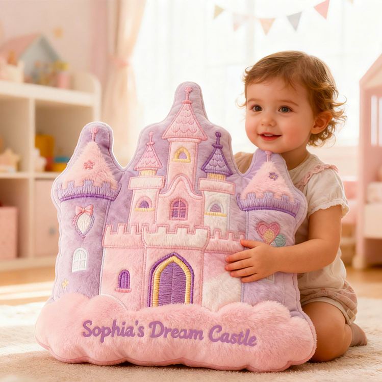 Personalized Pink Purple Castle Shape Custom Name Soft Decorative Gift Fairytale Princess Style Cozy Nursery Room Dream Magic Graphic 3D Print Pillow