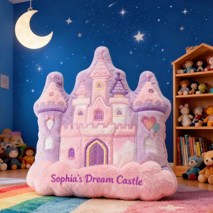 Personalized Pink Purple Castle Shape Custom Name Soft Decorative Gift Fairytale Princess Style Cozy Nursery Room Dream Magic Graphic 3D Print Pillow