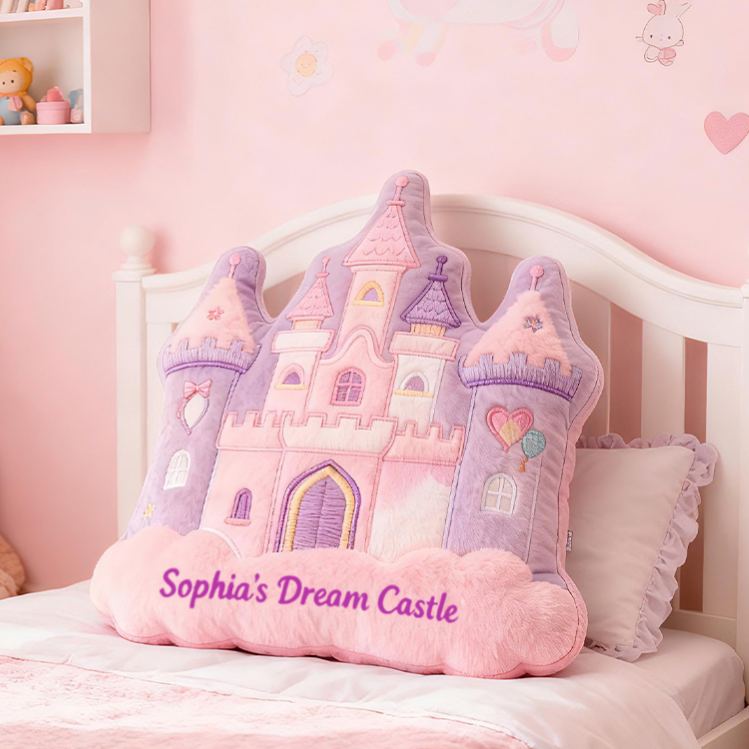 Personalized Pink Purple Castle Shape Custom Name Soft Decorative Gift Fairytale Princess Style Cozy Nursery Room Dream Magic Graphic 3D Print Pillow