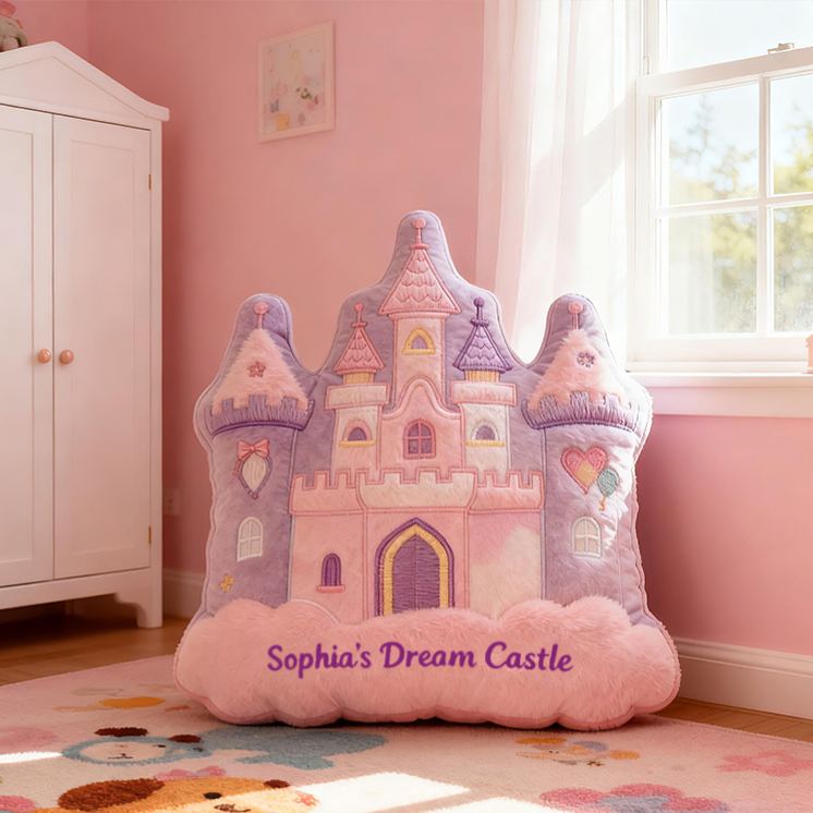 Personalized Pink Purple Castle Shape Custom Name Soft Decorative Gift Fairytale Princess Style Cozy Nursery Room Dream Magic Graphic 3D Print Pillow