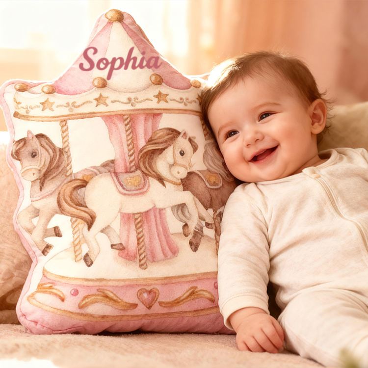 Personalized Carousel Horse Shape Custom Name Soft Decorative Gift Fairytale Princess Style Cozy Nursery Room Gentle Pink Graphic 3D Print Pillow