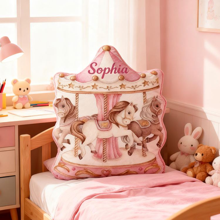 Personalized Carousel Horse Shape Custom Name Soft Decorative Gift Fairytale Princess Style Cozy Nursery Room Gentle Pink Graphic 3D Print Pillow