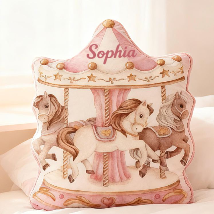 Personalized Carousel Horse Shape Custom Name Soft Decorative Gift Fairytale Princess Style Cozy Nursery Room Gentle Pink Graphic 3D Print Pillow