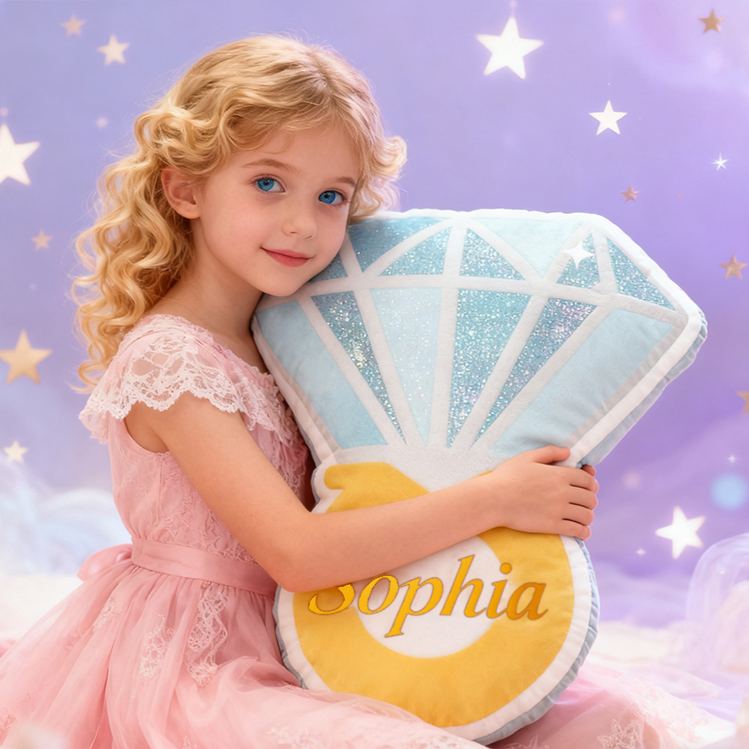 Personalized Blue Diamond Gem Shape Custom Name Soft Decorative Gift Sparkling Princess Style Cozy Girls Room Luxury Shine Graphic 3D Print Pillow