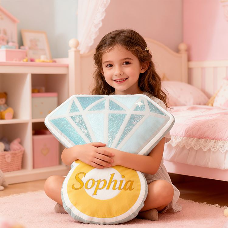 Personalized Blue Diamond Gem Shape Custom Name Soft Decorative Gift Sparkling Princess Style Cozy Girls Room Luxury Shine Graphic 3D Print Pillow