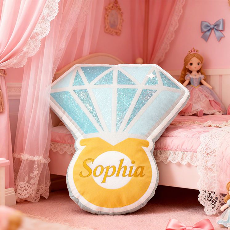 Personalized Blue Diamond Gem Shape Custom Name Soft Decorative Gift Sparkling Princess Style Cozy Girls Room Luxury Shine Graphic 3D Print Pillow