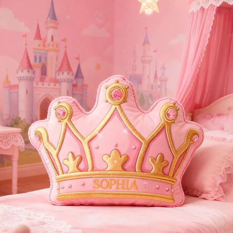 Personalized Pink Crown Shape Custom Name Soft Decorative Gift Royal Princess Style Cozy Girls Room Fairytale Castle Graphic 3D Print Pillow