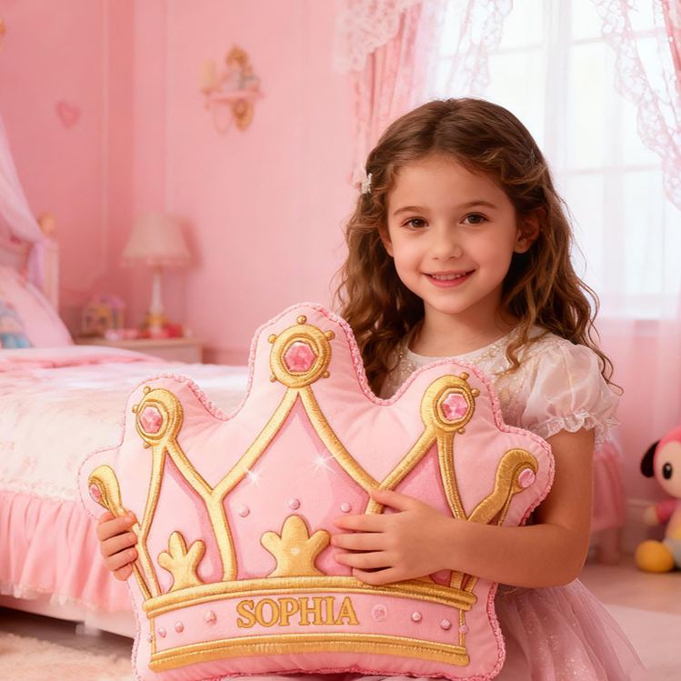 Personalized Pink Crown Shape Custom Name Soft Decorative Gift Royal Princess Style Cozy Girls Room Fairytale Castle Graphic 3D Print Pillow