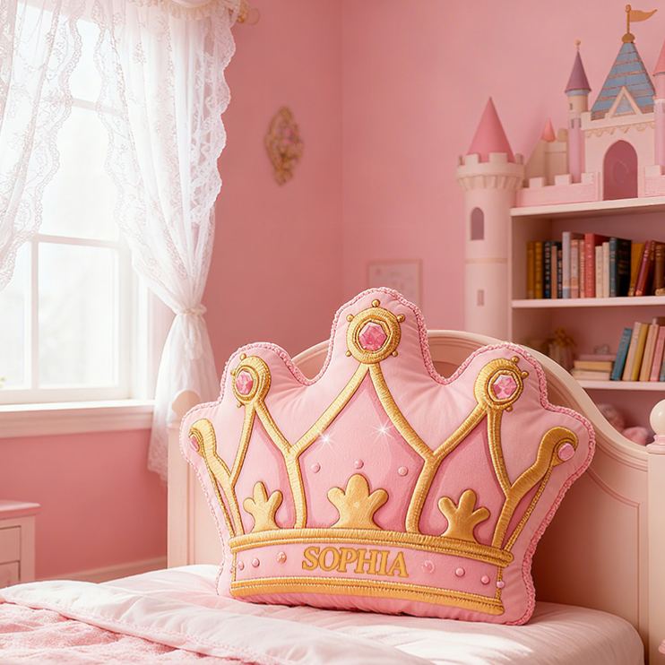 Personalized Pink Crown Shape Custom Name Soft Decorative Gift Royal Princess Style Cozy Girls Room Fairytale Castle Graphic 3D Print Pillow
