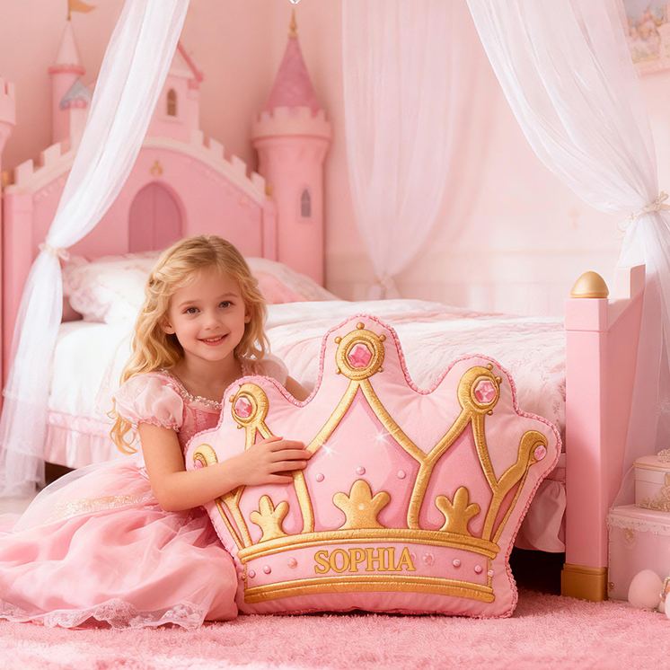 Personalized Pink Crown Shape Custom Name Soft Decorative Gift Royal Princess Style Cozy Girls Room Fairytale Castle Graphic 3D Print Pillow