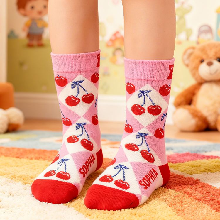 Personalized Name Pink Cherry Pattern Custom Name Soft Comfortable Warm Cute Fruit Style Cozy Girls Room Sweet Gift Kid Princess Socks