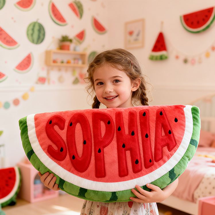 Personalized Watermelon Slice Shape Custom Name Soft Decorative Gift Fun Summer Fruit Style Cozy Kids Room Bright Graphic 3D Print Pillow