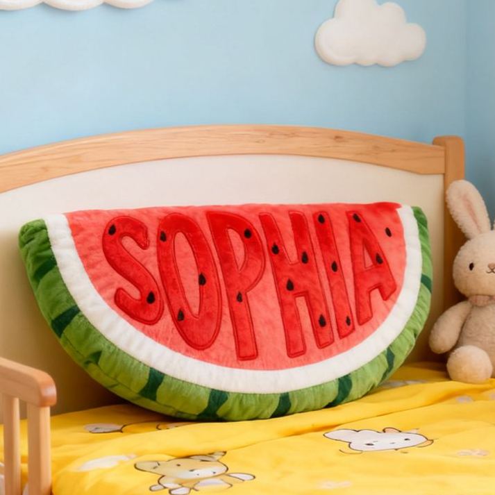 Personalized Watermelon Slice Shape Custom Name Soft Decorative Gift Fun Summer Fruit Style Cozy Kids Room Bright Graphic 3D Print Pillow