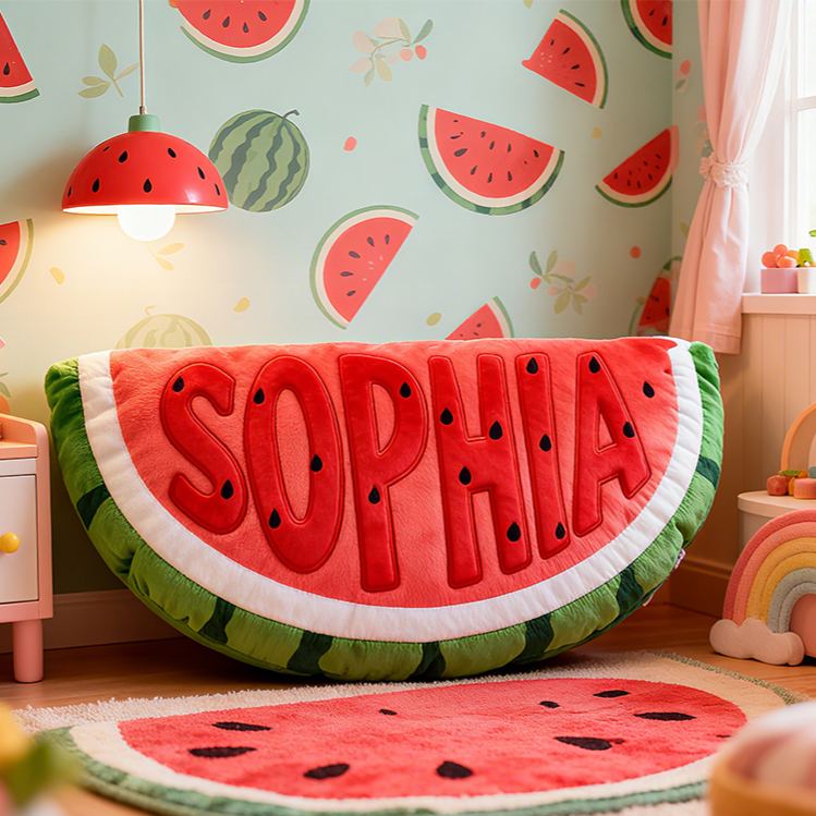 Personalized Watermelon Slice Shape Custom Name Soft Decorative Gift Fun Summer Fruit Style Cozy Kids Room Bright Graphic 3D Print Pillow