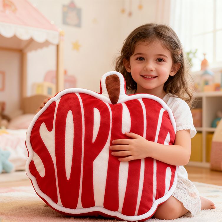 Personalized Red Apple Shape Custom Name Soft Decorative Gift Cute Nursery Classroom Fruit Style Cozy Kids Room Graphic 3D Print Pillow