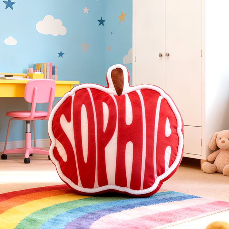 Personalized Red Apple Shape Custom Name Soft Decorative Gift Cute Nursery Classroom Fruit Style Cozy Kids Room Graphic 3D Print Pillow