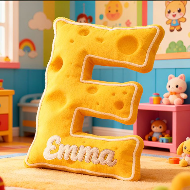 Personalized Yellow Cheese Letter Initial Custom Name Soft Decorative Gift Fun Kitchen Theme Kids Room Alphabet Shape Graphic 3D Print Pillow