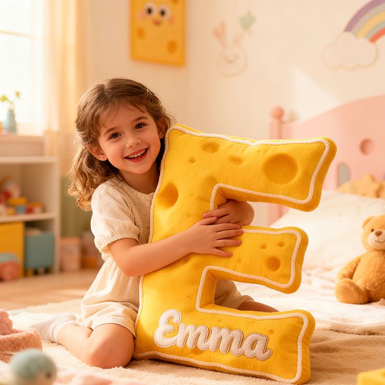 Personalized Yellow Cheese Letter Initial Custom Name Soft Decorative Gift Fun Kitchen Theme Kids Room Alphabet Shape Graphic 3D Print Pillow
